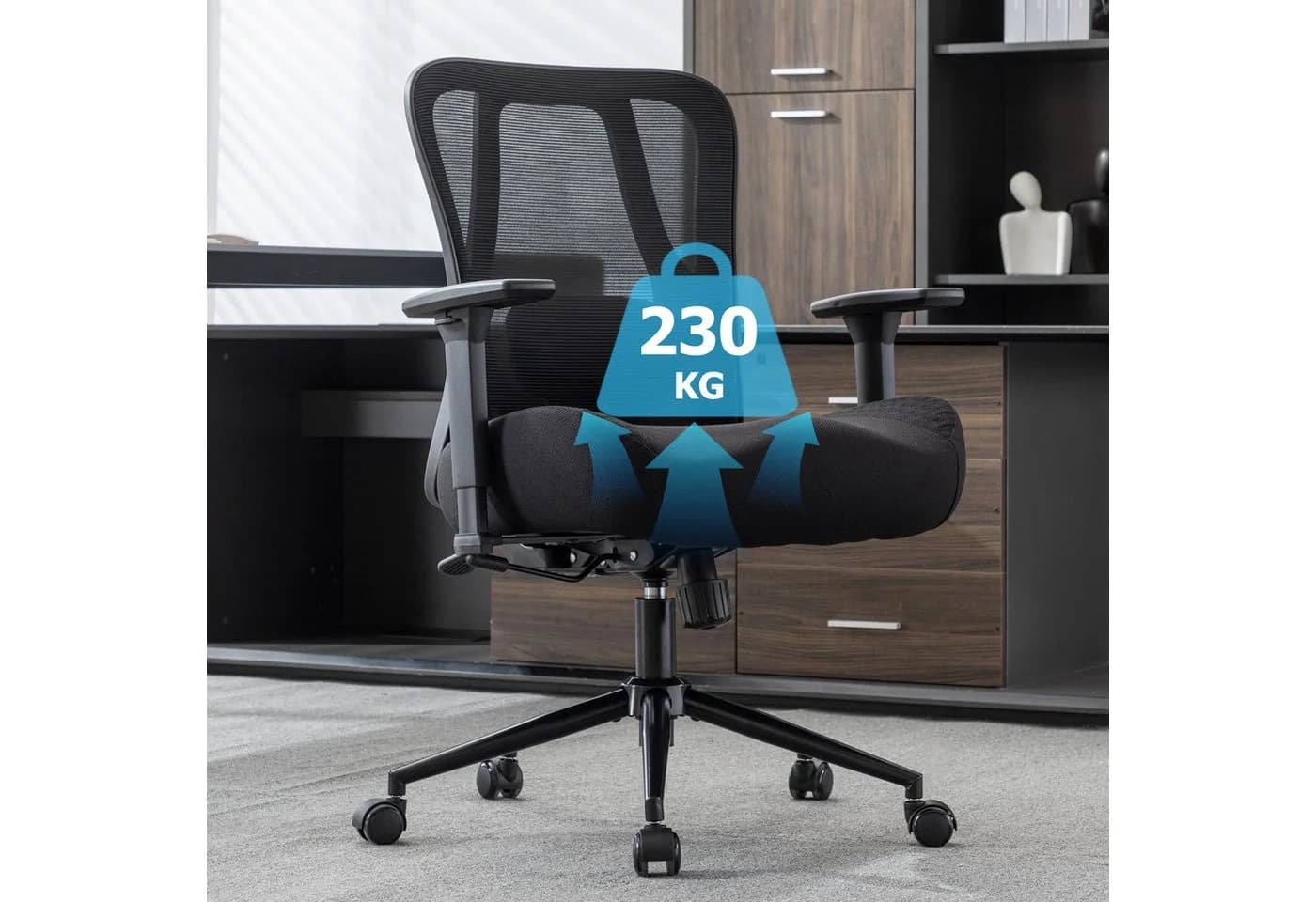 UEV Bürostuhl 226kg belastbar ergonomisch, Schreibstuhl Mesh verstellbare Armlehnen atmungsaktiv Stoff 15cm Sitzkissen Chefsessel mit Wippfunktion für Schwergewichtige