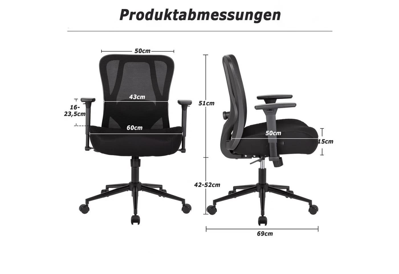 UEV Bürostuhl 226kg belastbar ergonomisch, Schreibstuhl Mesh verstellbare Armlehnen atmungsaktiv Stoff 15cm Sitzkissen Chefsessel mit Wippfunktion für Schwergewichtige - Bild 5