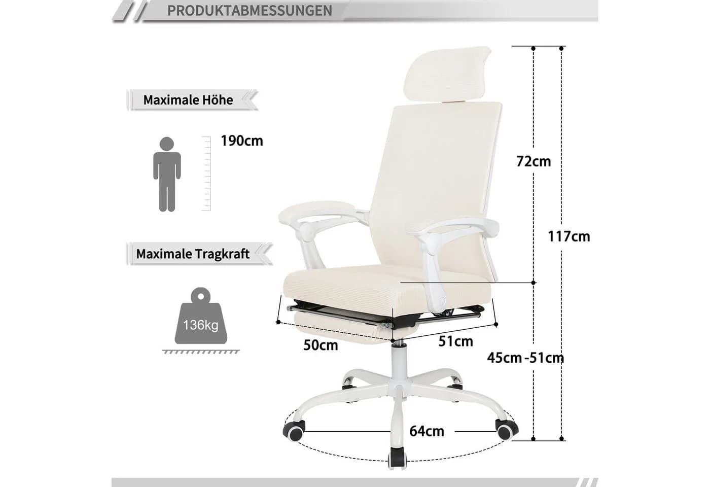 UEV Bürostuhl Schreibtischstuhl Ergonomisch Chefsessel Beige Höhenverstellbar - Bild 4