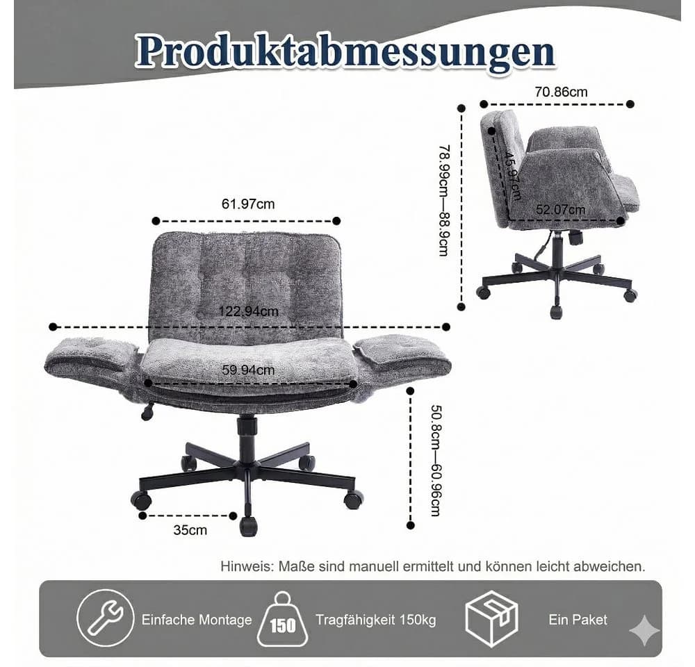 Leawin Bürostuhl ergonomisch mit breitem Sitz und Chenille-Bezug Grau - Bild 3