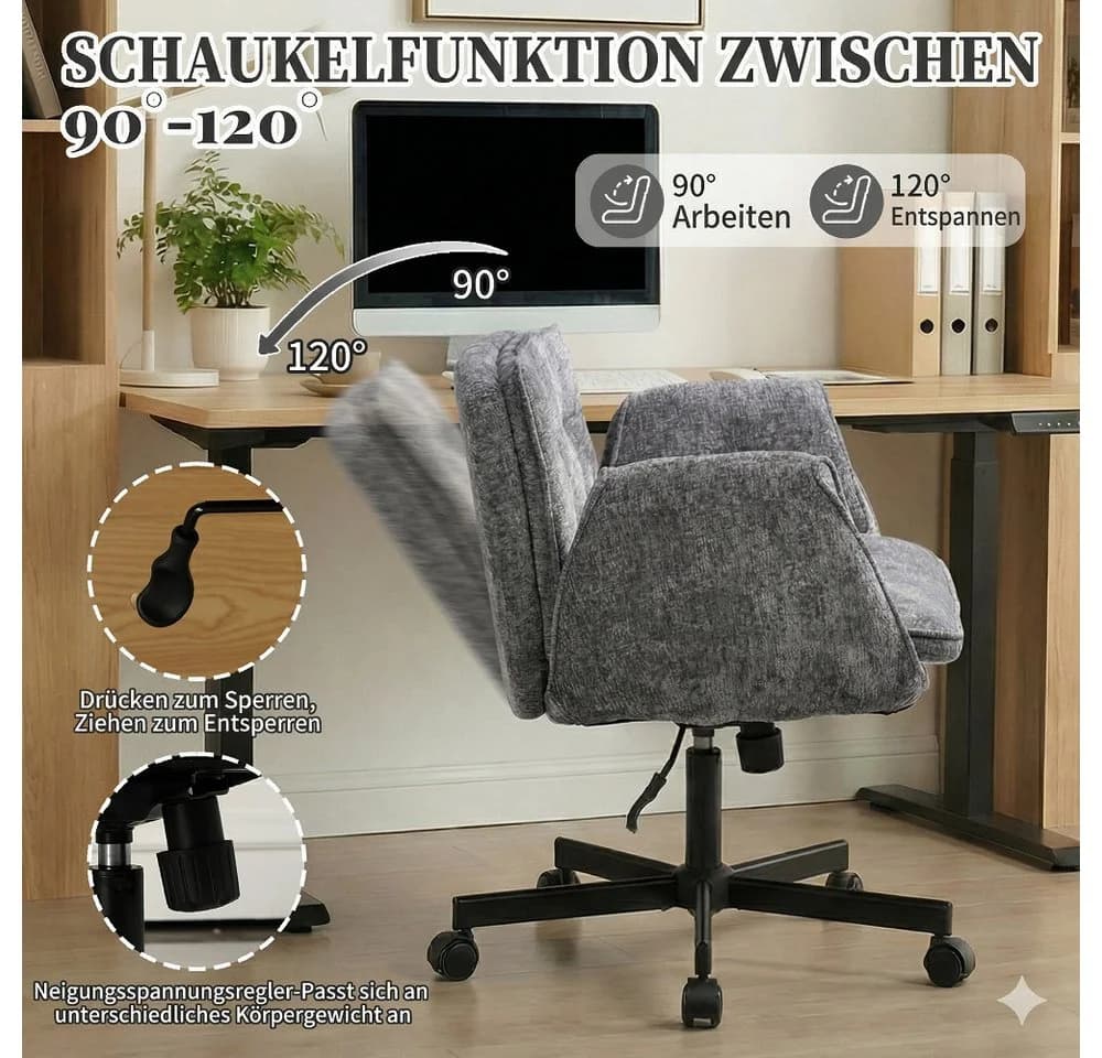 Leawin Bürostuhl ergonomisch mit breitem Sitz und Chenille-Bezug Grau - Bild 5