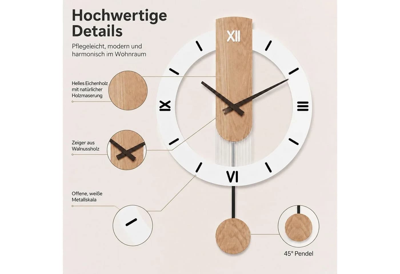 MOPUEA Wanduhr Weiß Modern Skandinavisch Lautlos Mit Pendel