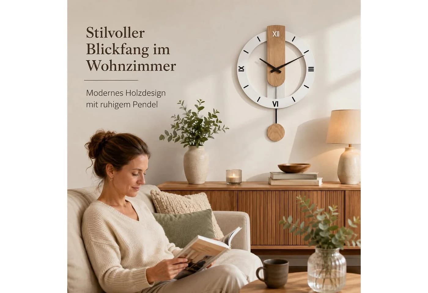 MOPUEA Wanduhr Weiß Modern Skandinavisch Lautlos Mit Pendel - Bild 4