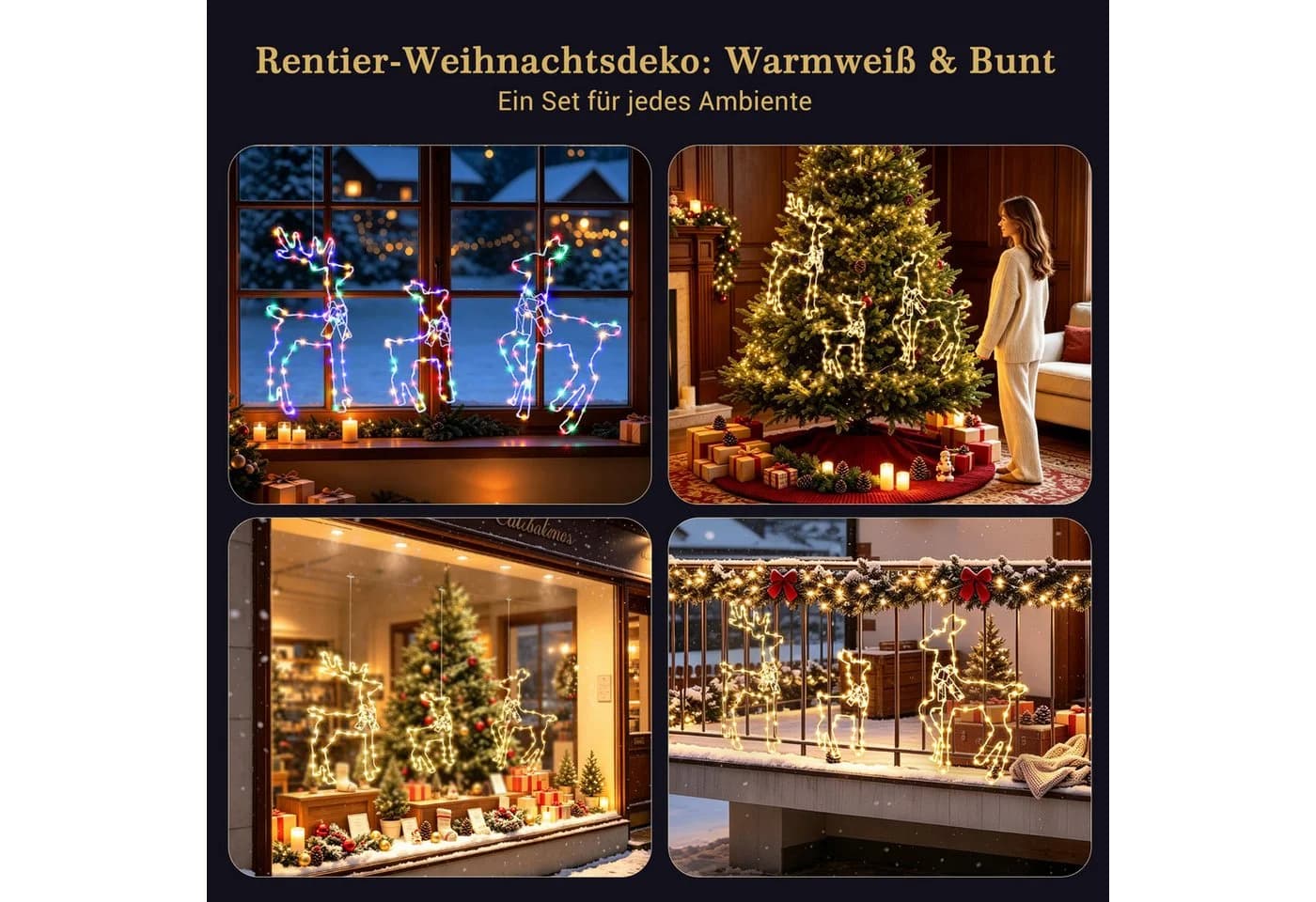 Quntis LED-Lichterkette mit 3 Rentier-Figuren, 177 LEDs, Timer, Weiß