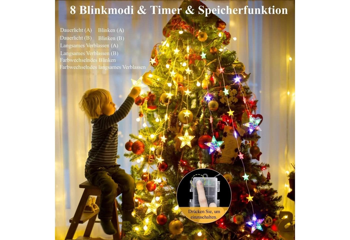 Quntis LED-Lichterkette Weihnachtsdeko Stern mit Timer 52 LEDs - Bild 3