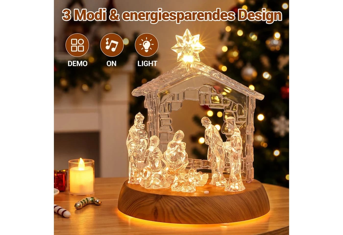 Quntis Beleuchtete Weihnachtskrippe LED mit Musik Acryl