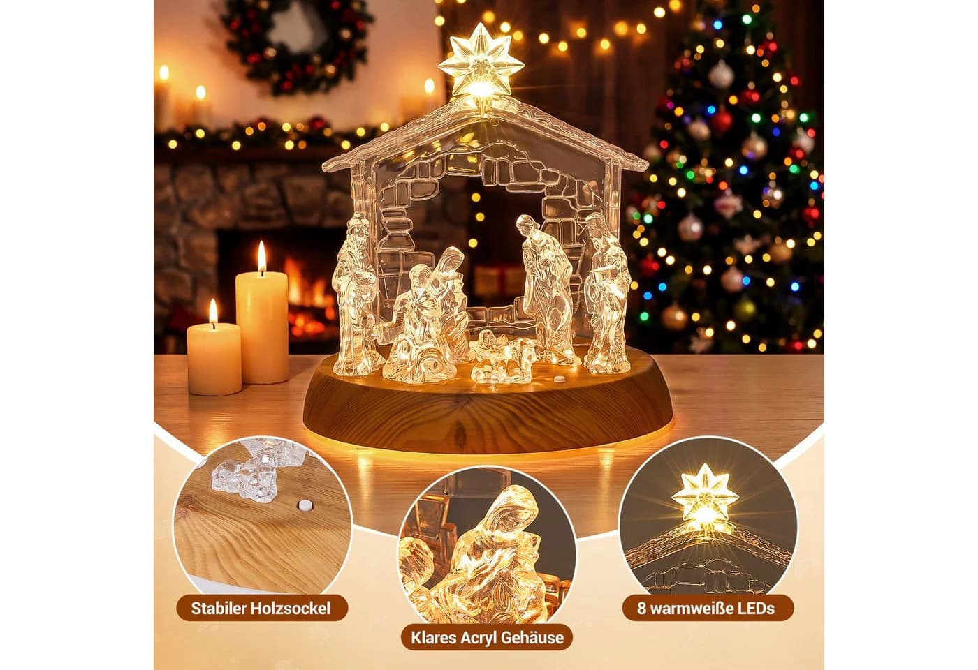Quntis Beleuchtete Weihnachtskrippe LED mit Musik Acryl - Bild 5