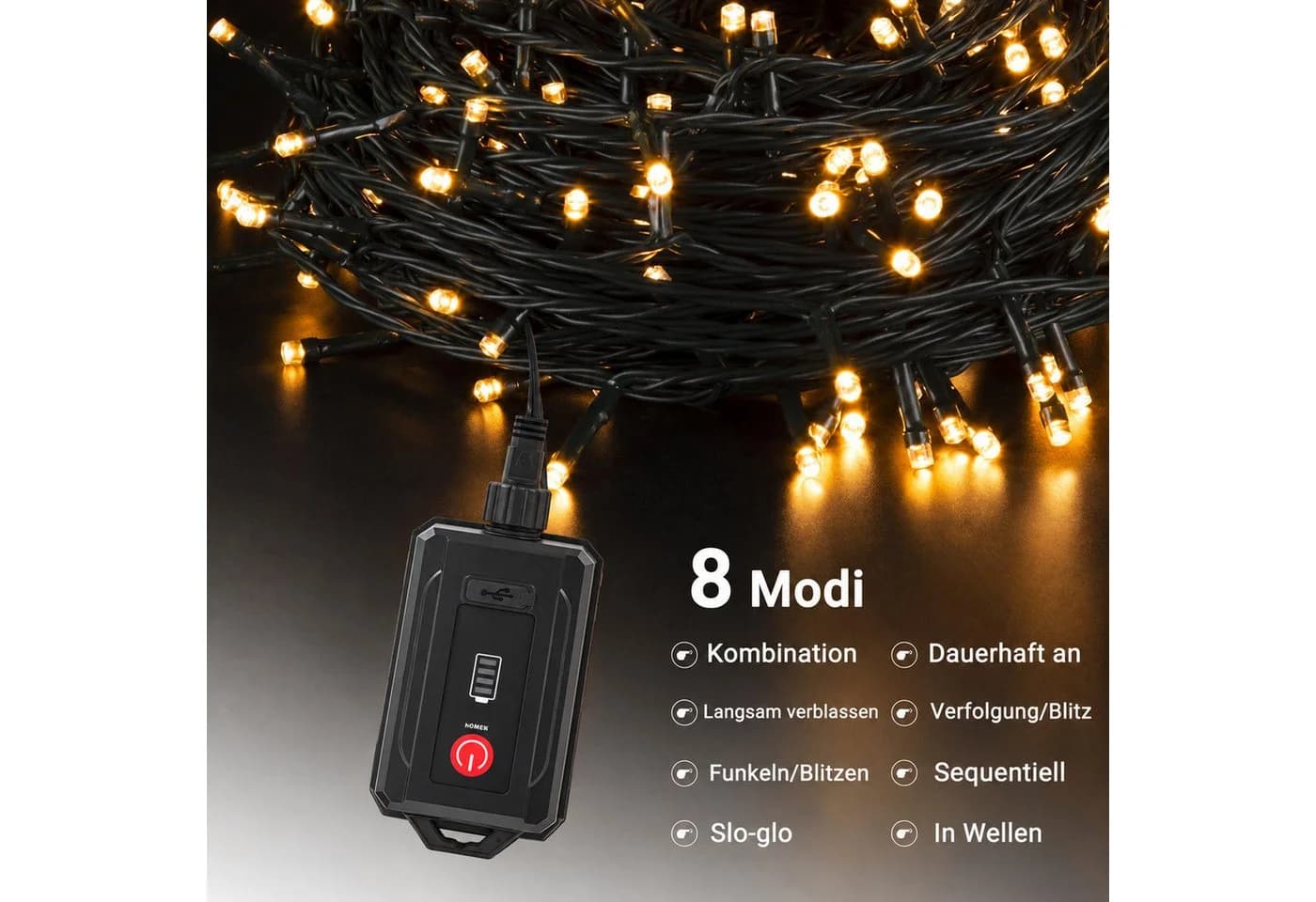 Quntis LED-Lichterkette 30m 300 LEDs Warmweiß Timer 8 Modi