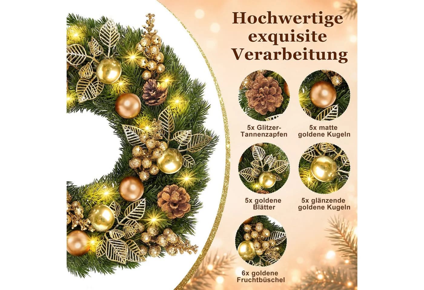 Quntis Weihnachtskranz mit LEDs Glitzer-Gold 40cm