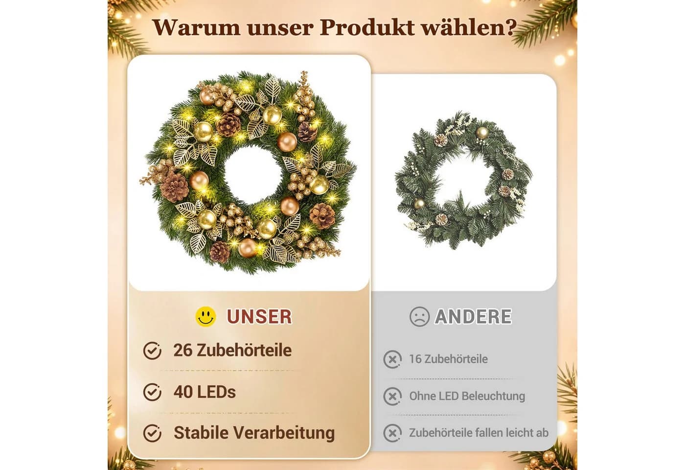 Quntis Weihnachtskranz mit LEDs Glitzer-Gold 40cm - Bild 3