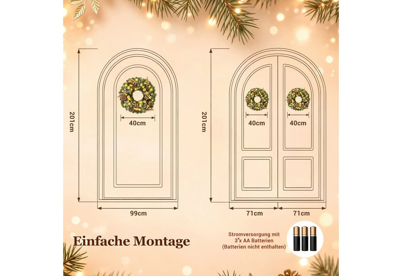 Quntis Weihnachtskranz mit LEDs Glitzer-Gold 40cm - Bild 4