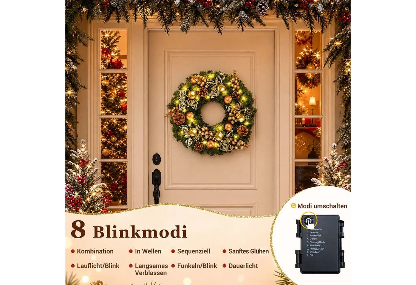 Quntis Weihnachtskranz mit LEDs Glitzer-Gold 40cm - Bild 5