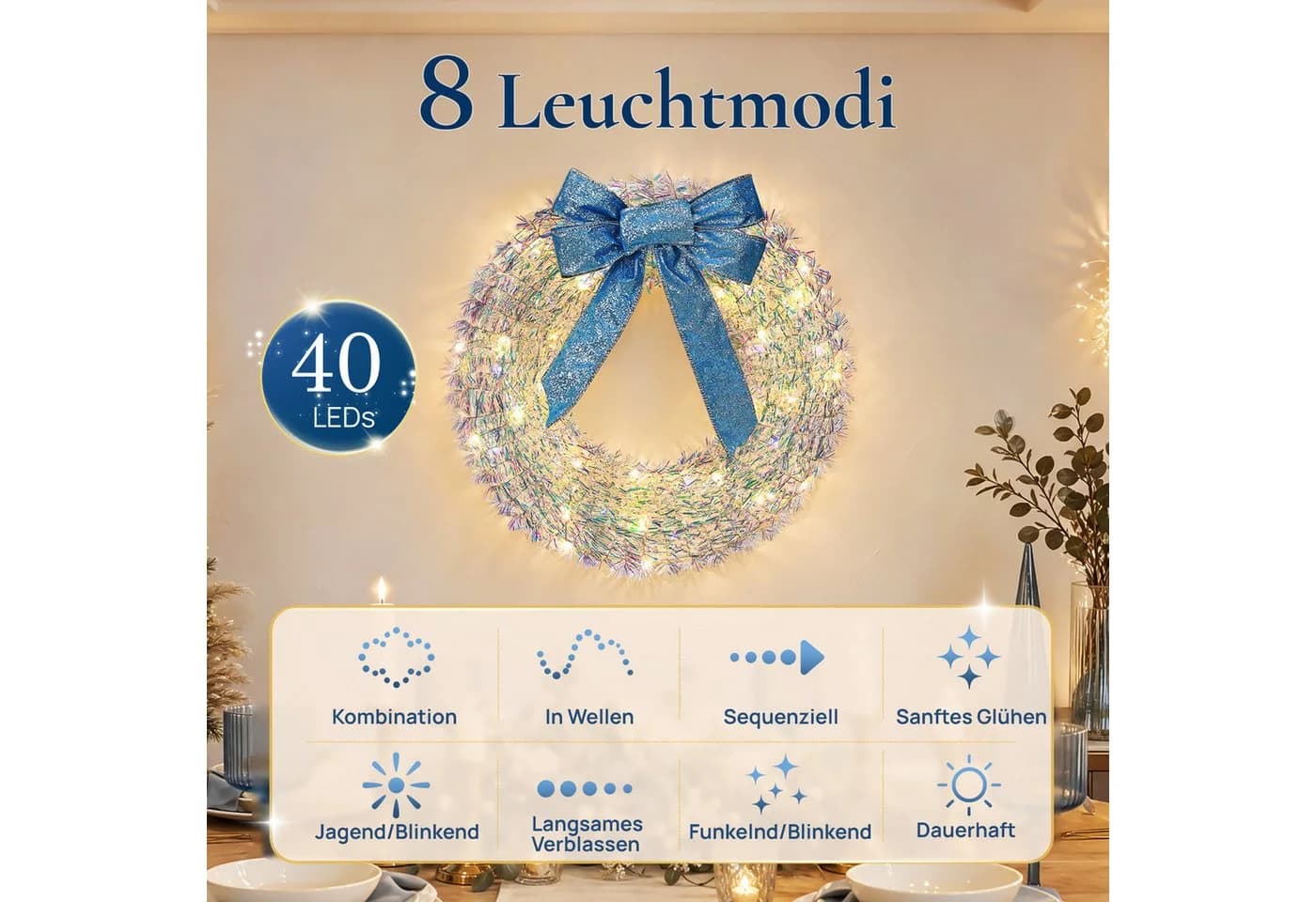 Quntis LED Türkranz 30cm mit blauer Schleife und 40 LEDs