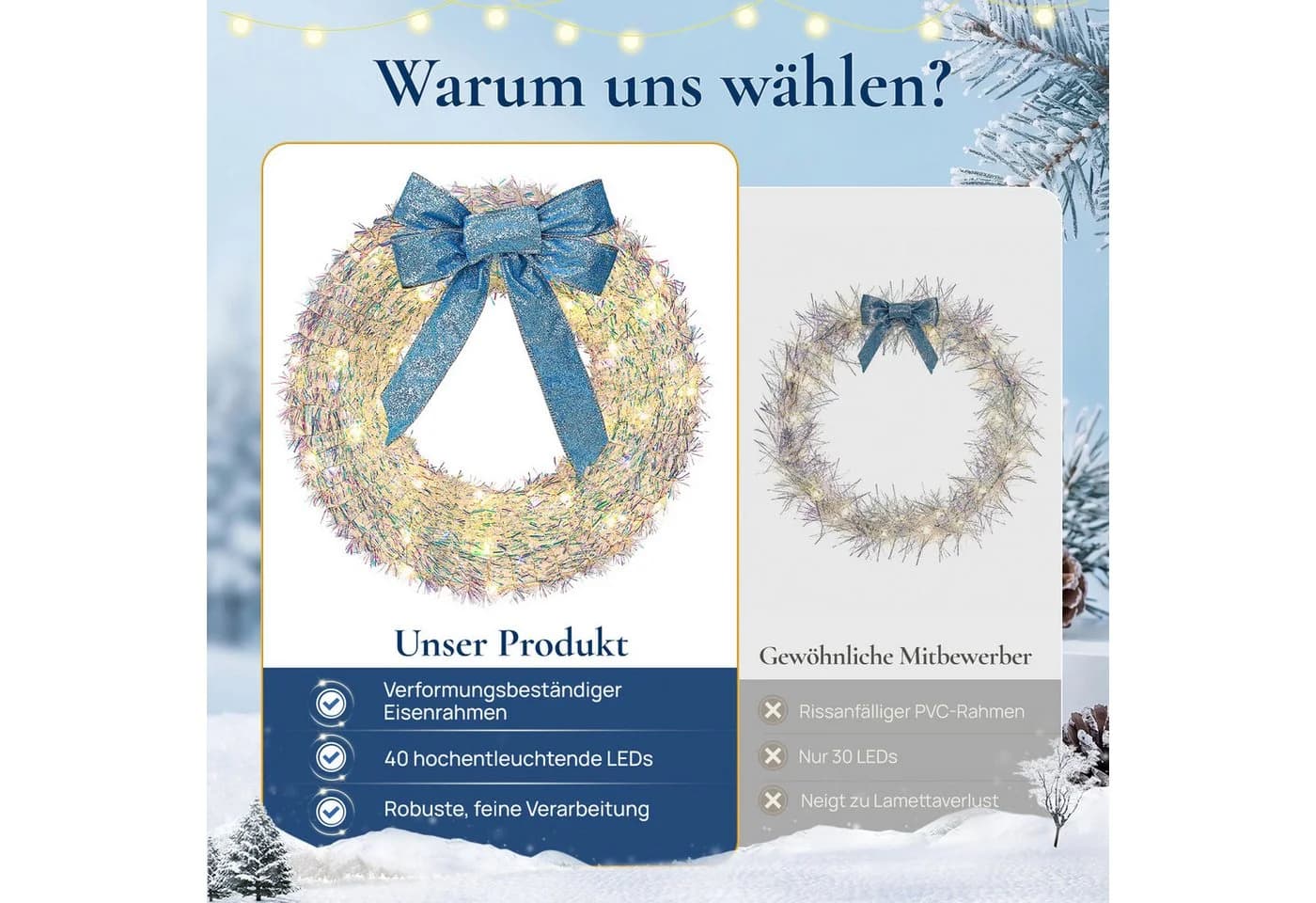 Quntis LED Türkranz 30cm mit blauer Schleife und 40 LEDs - Bild 5