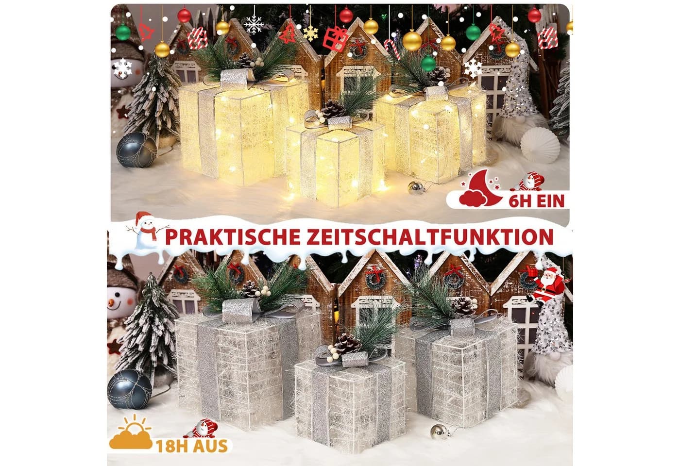Quntis Weihnachtsdeko 3er Set mit LED & Timer silber