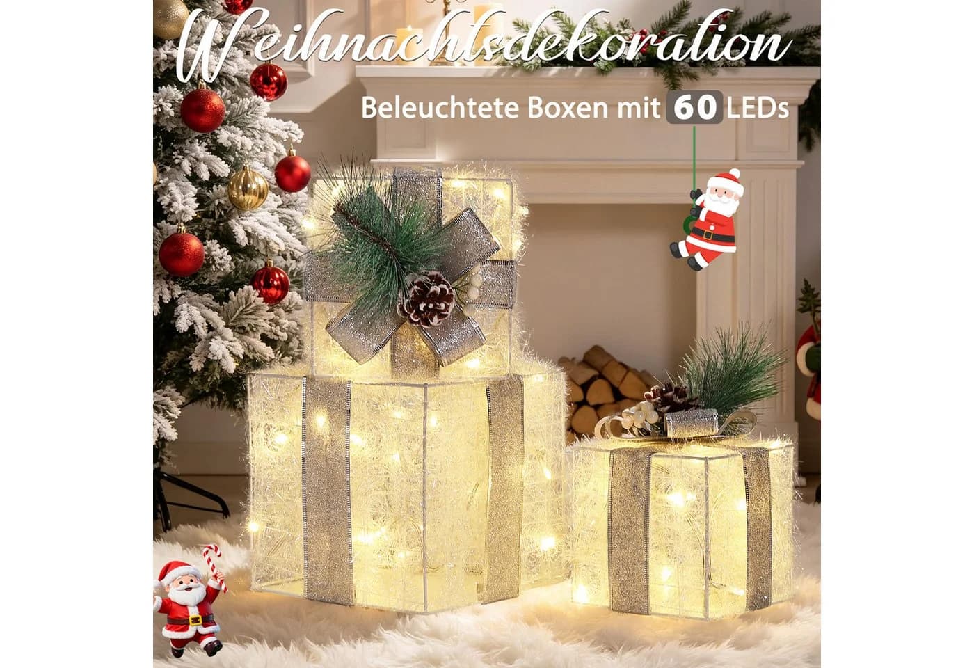Quntis Weihnachtsdeko 3er Set mit LED & Timer silber - Bild 4