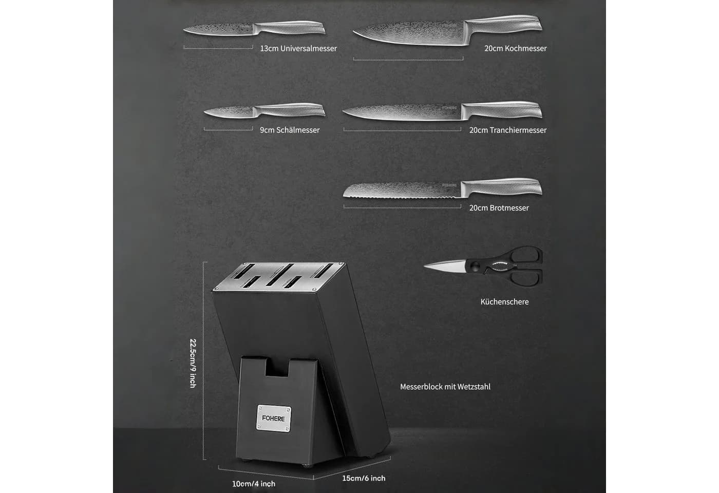 FOHERE Messer-Set 7-tlg. Edelstahl mit Messerblock - Bild 5
