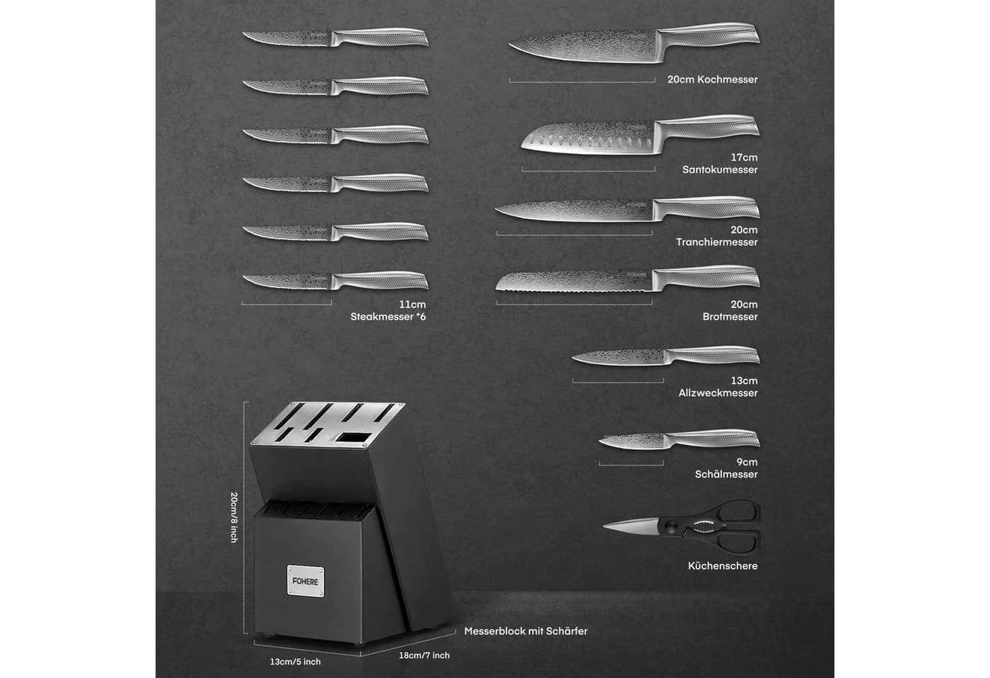 FOHERE Messer-Set 14-teilig Schwarz Edelstahl mit Messerblock