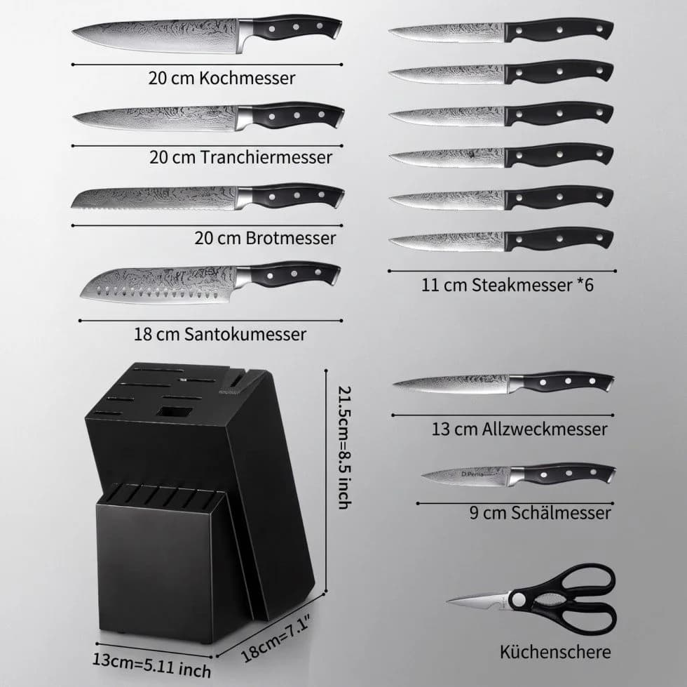 FOHERE 14-teiliges Küchenmesserset Schwarz Edelstahl mit Wellenmuster - Bild 5