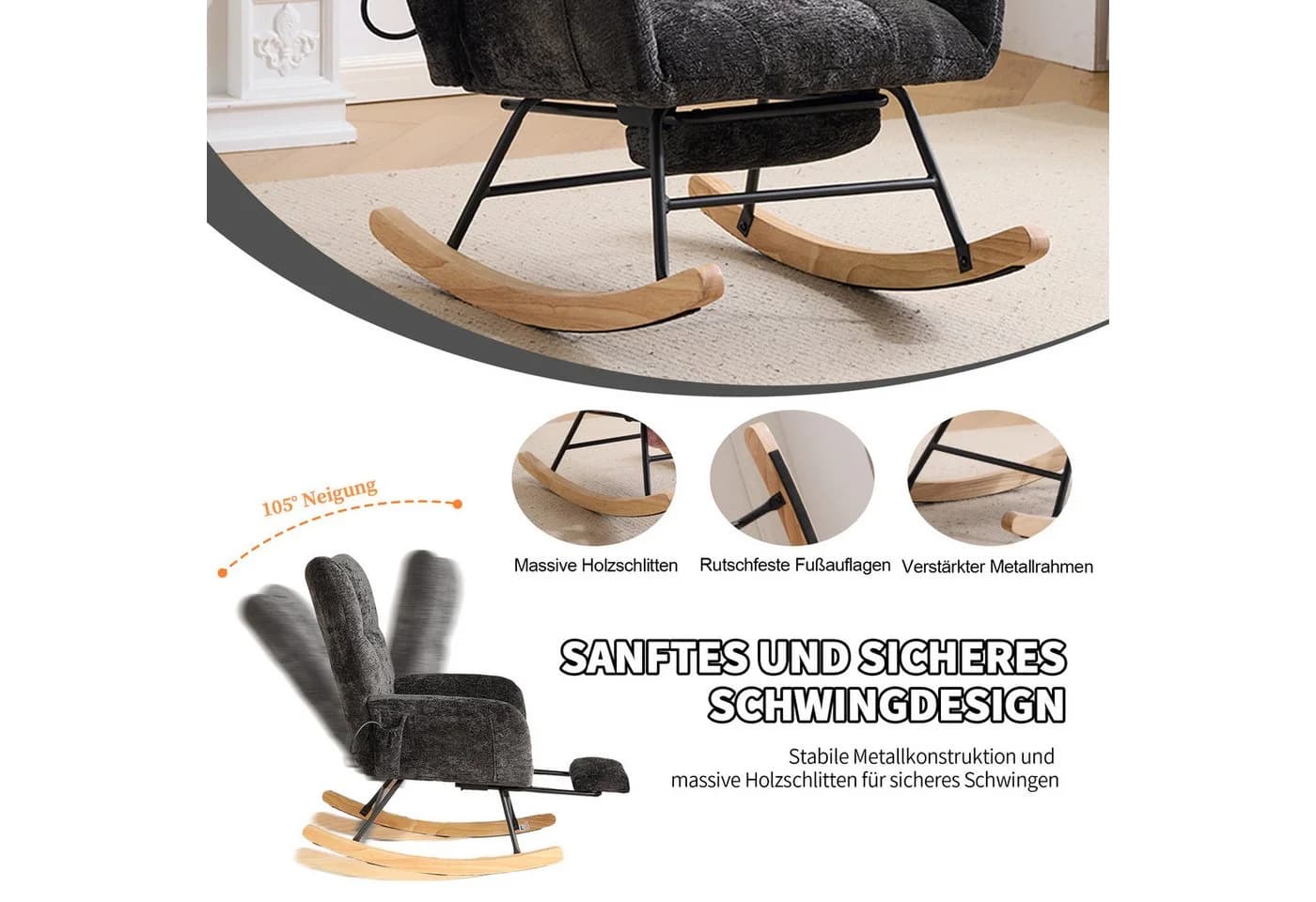 Leawin Schaukelstuhl Wohnzimmer mit Fußstütze & Luftkissen-Rückenlehne - Bild 3