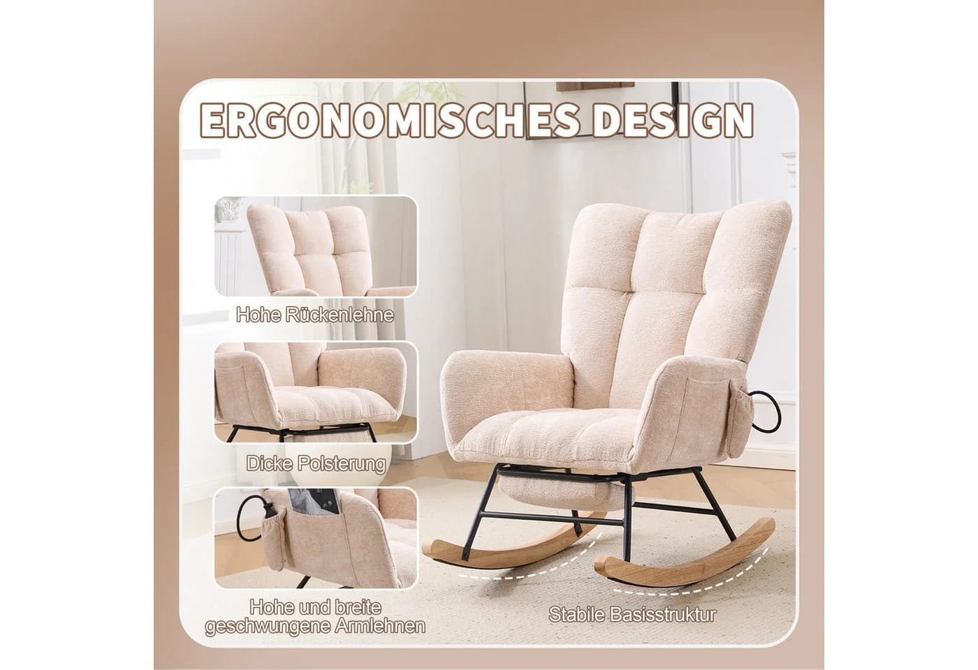 Vankel Schaukelstuhl mit Fußstütze & Stauraum Chenille Beige