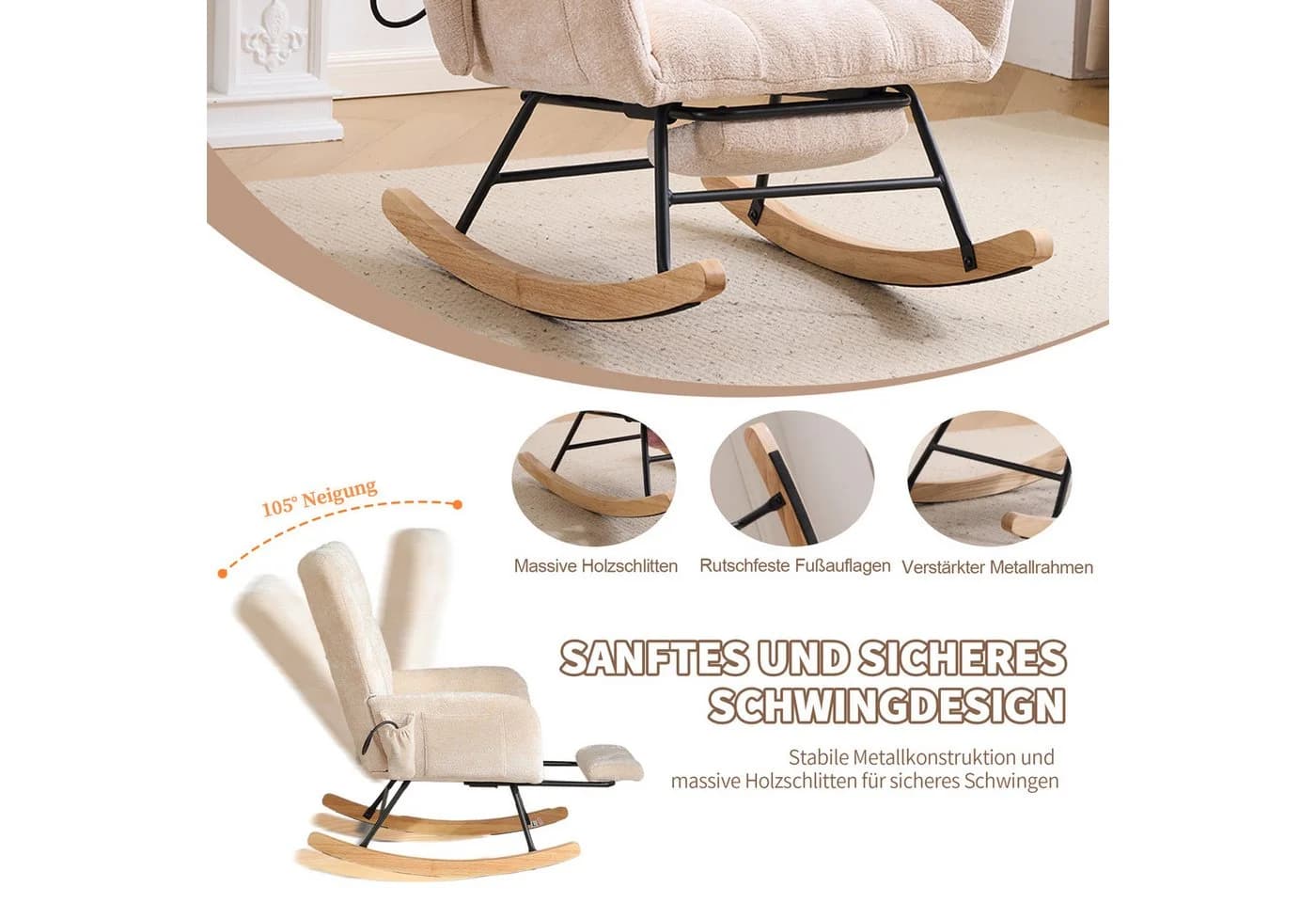 Vankel Schaukelstuhl mit Fußstütze & Stauraum Chenille Beige - Bild 3