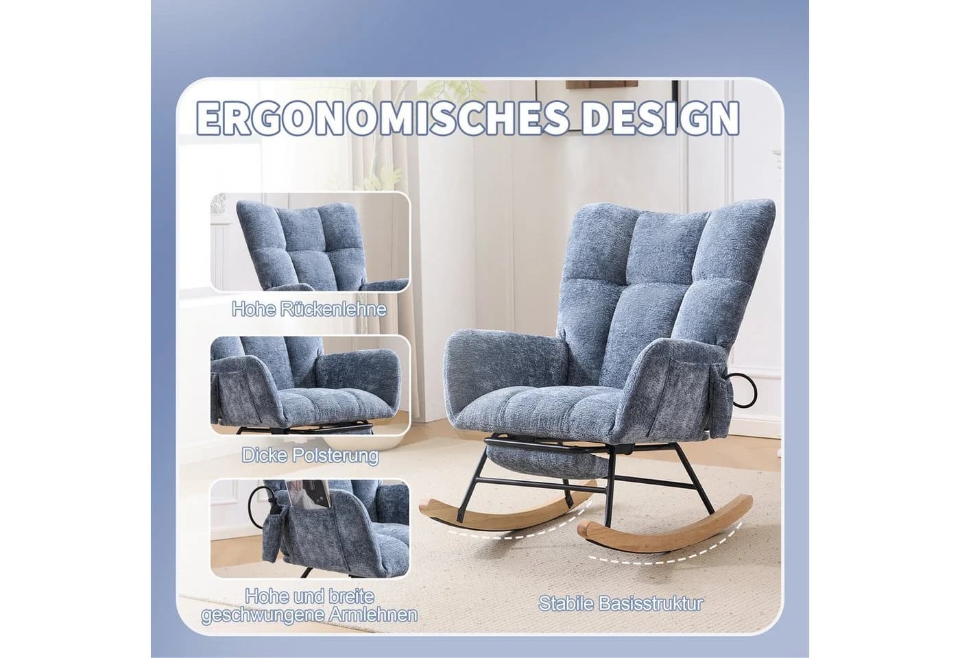 Leawin Schaukelstuhl Wohnzimmer mit Fußstütze & Luftkissen-Rückenlehne
