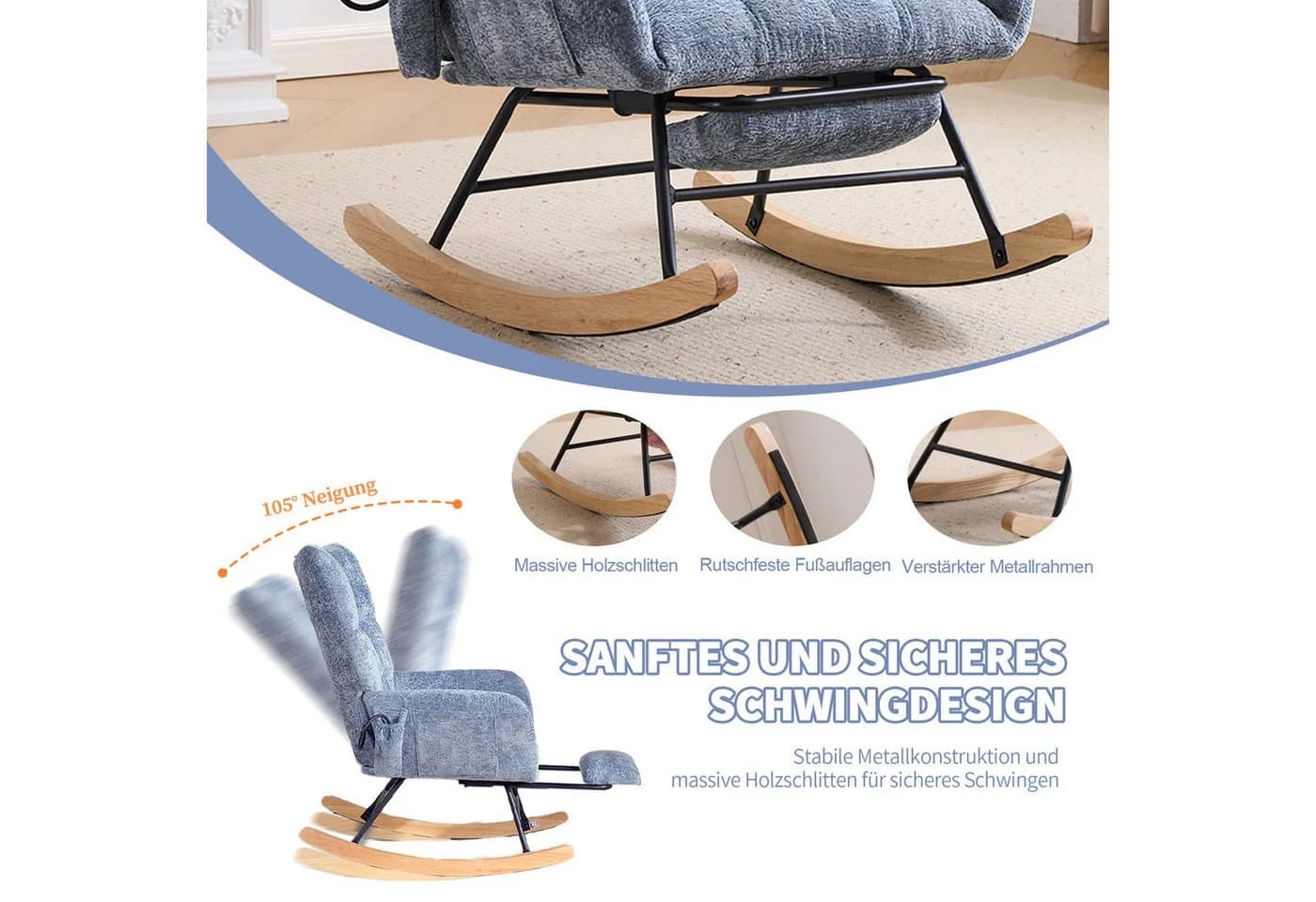 Leawin Schaukelstuhl Wohnzimmer mit Fußstütze & Luftkissen-Rückenlehne - Bild 3