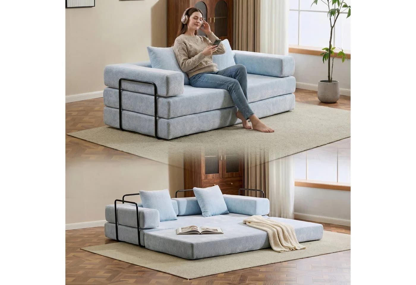 Orvane 4-in-1 Schlafsofa 2-Sitzer Chenille Hellblau - Bild 5