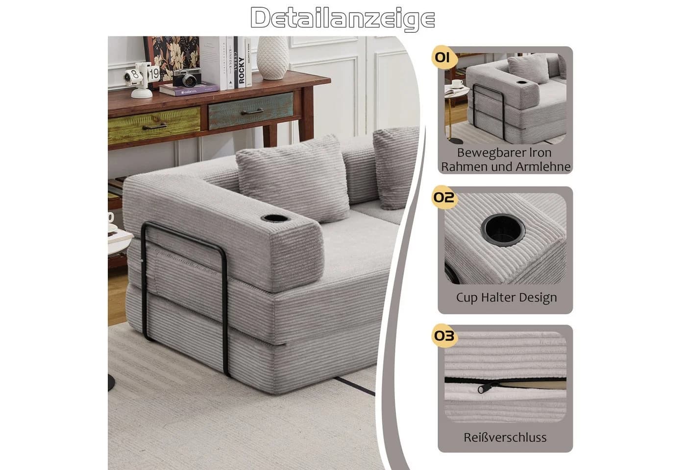 Leawin 3-Sitzer Sofa mit Bettfunktion Chenille Grau - Bild 4