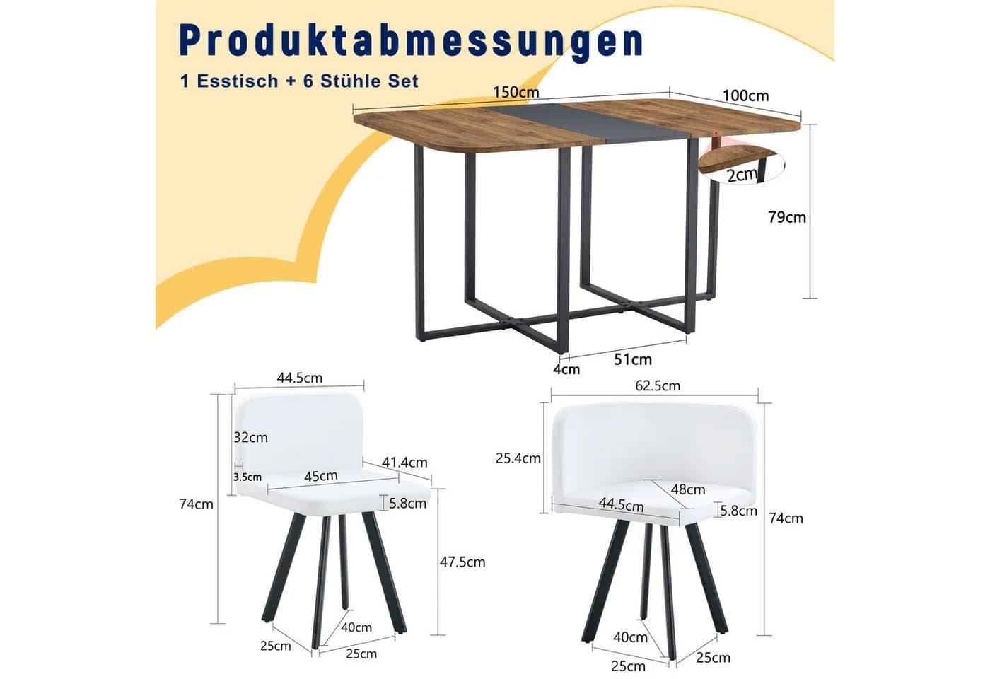 ANYSUN Essgruppe 7-tlg. mit 6 Stühlen, erweiterbar, braun/schwarz