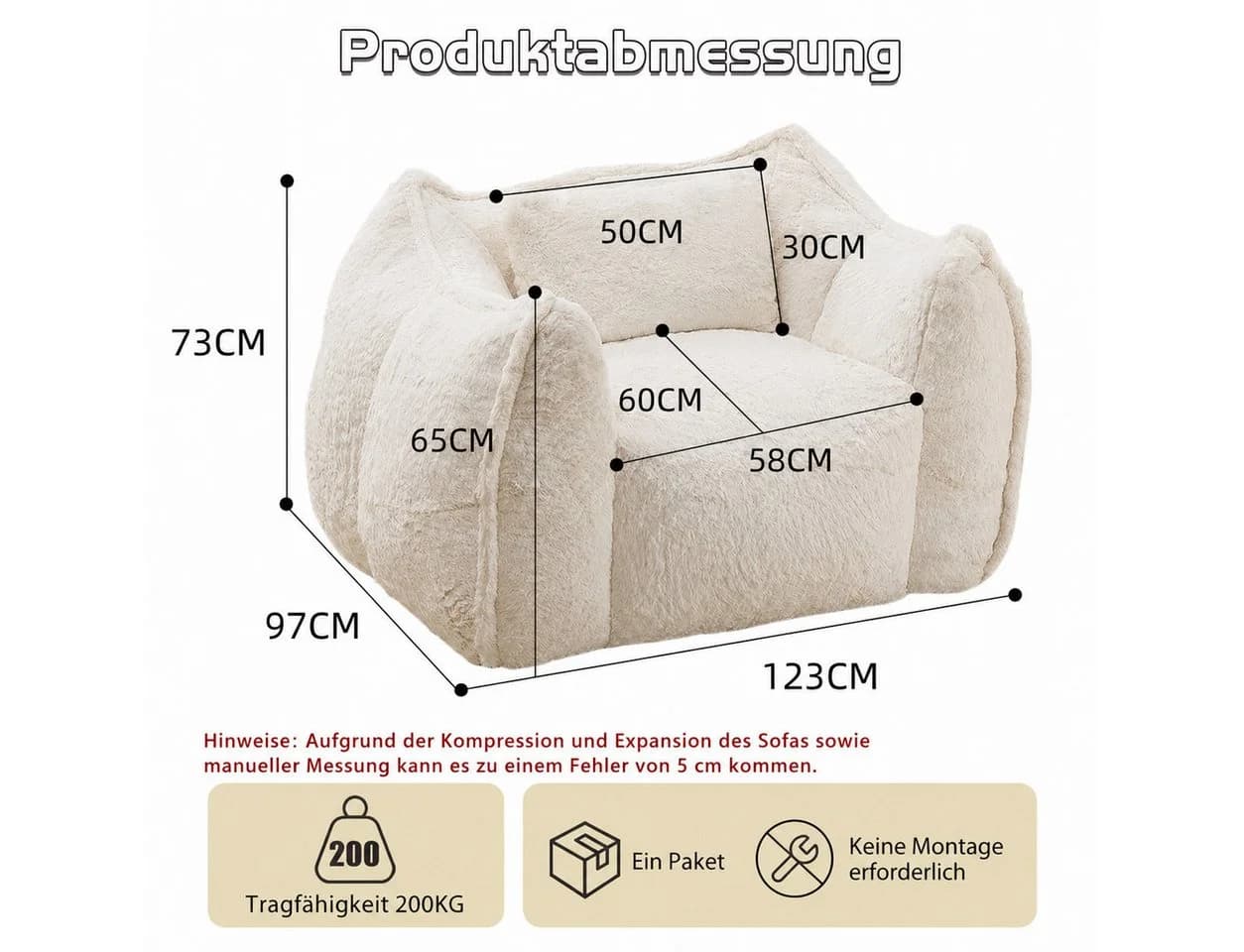 Vankel Loungesessel Kunstfell Beige Bean Bag Sessel