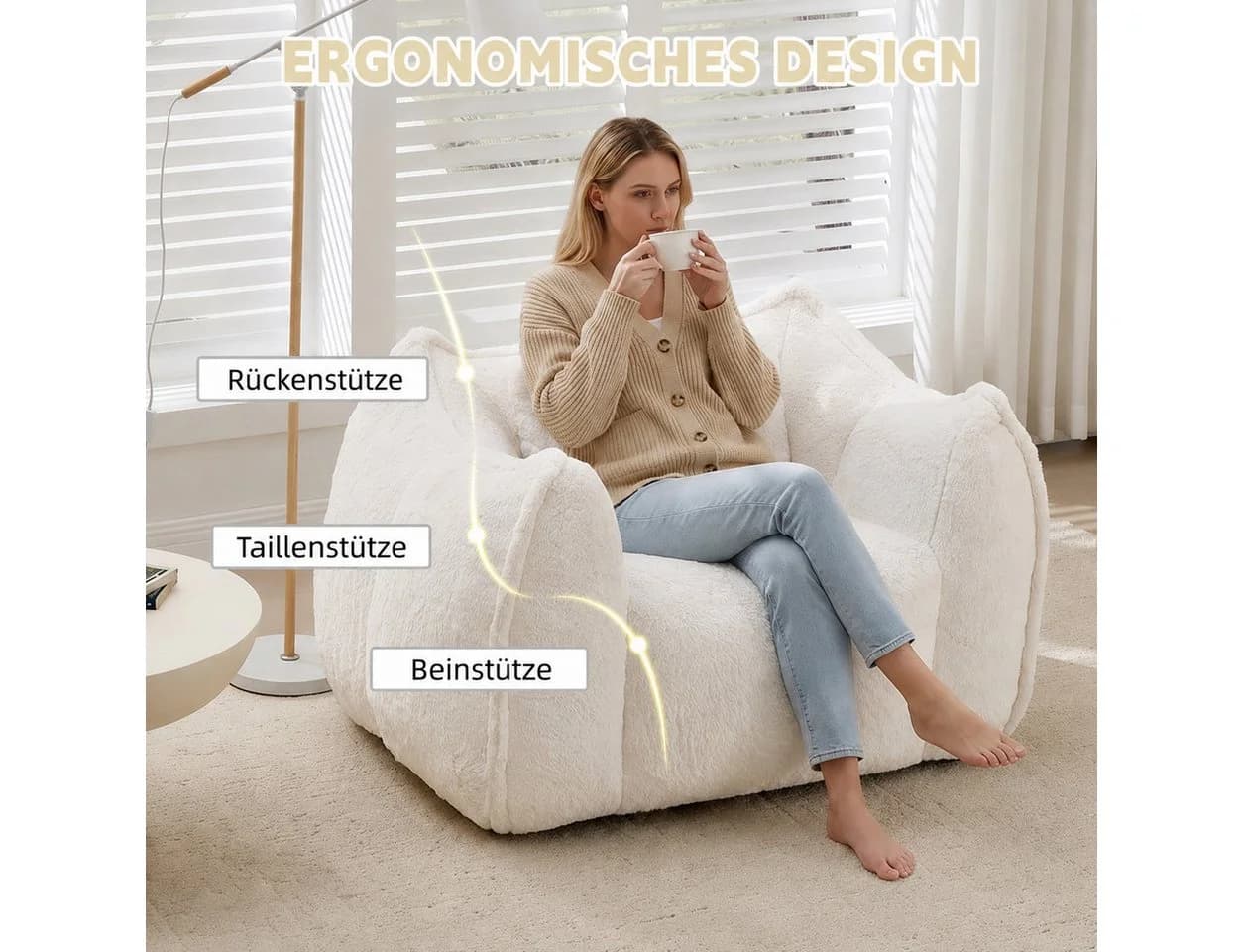 Vankel Loungesessel Kunstfell Beige Bean Bag Sessel - Bild 4