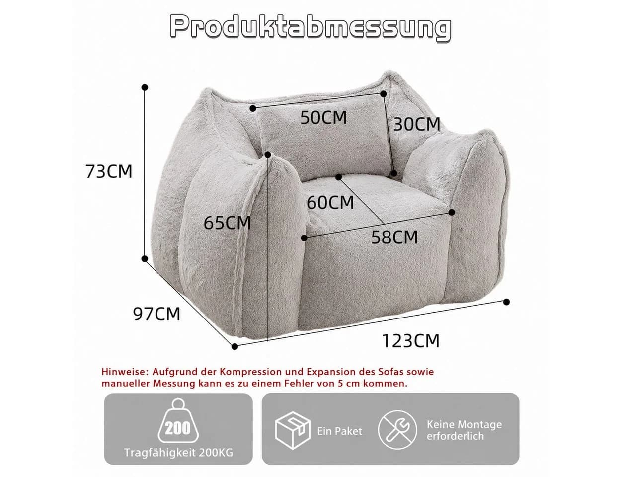 Vankel Relaxliege Loungesessel Grau Kunstfell Bean Bag Sessel