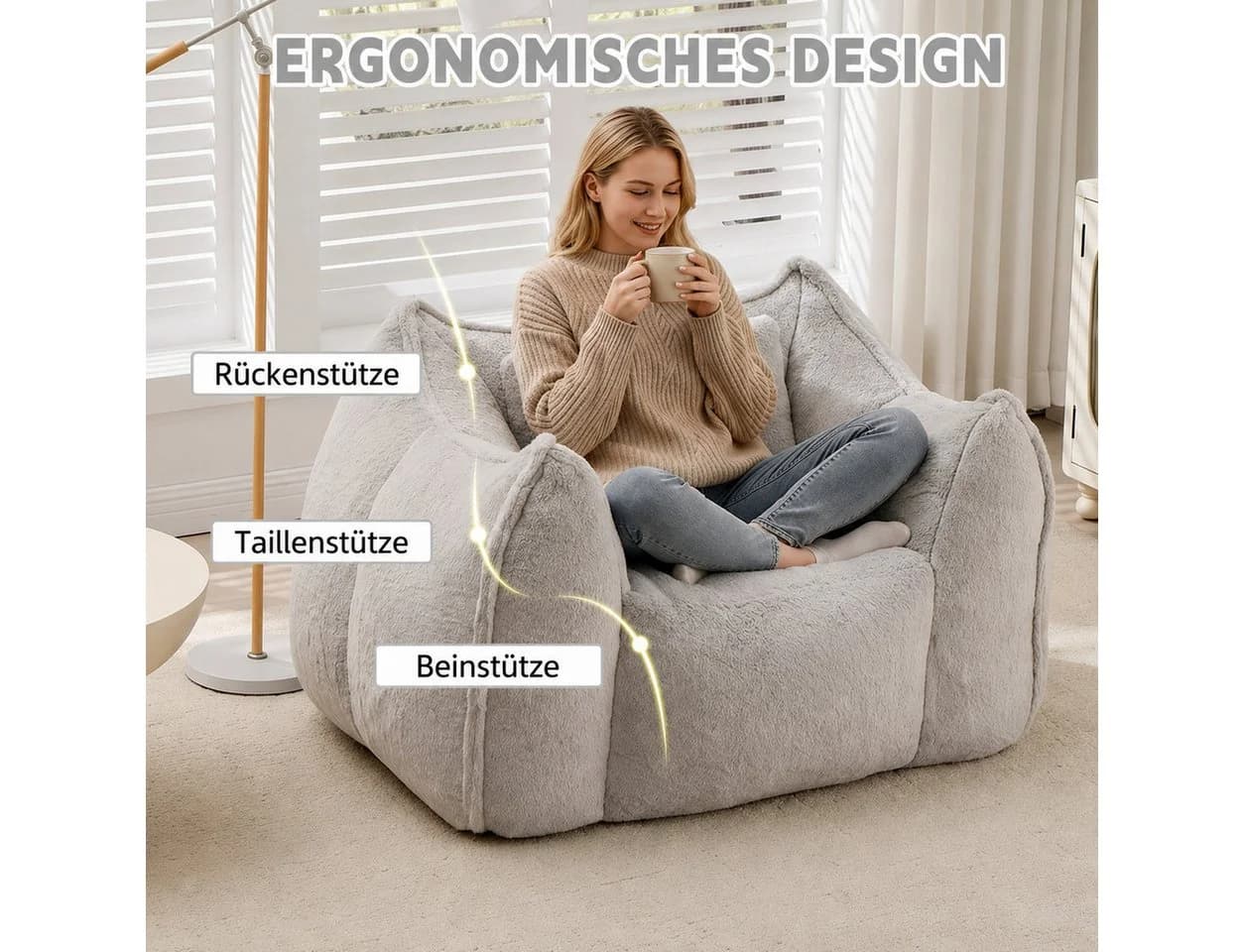 Vankel Relaxliege Loungesessel Grau Kunstfell Bean Bag Sessel - Bild 4