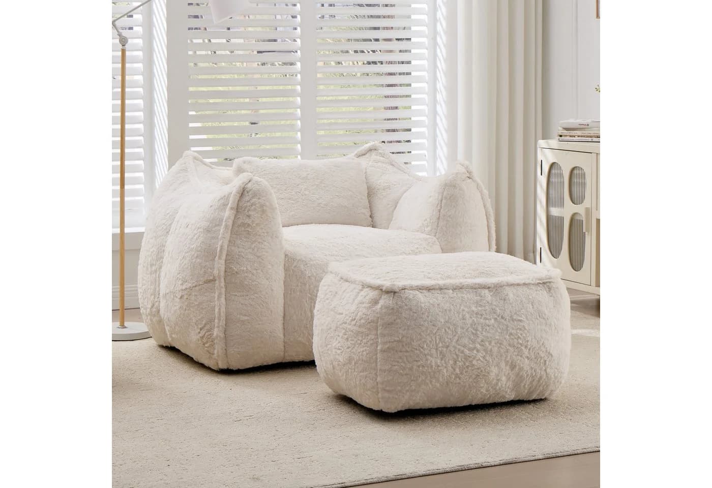 Leawin Loungesessel Bean Bag mit Hocker Kunstfell Beige - Bild 2