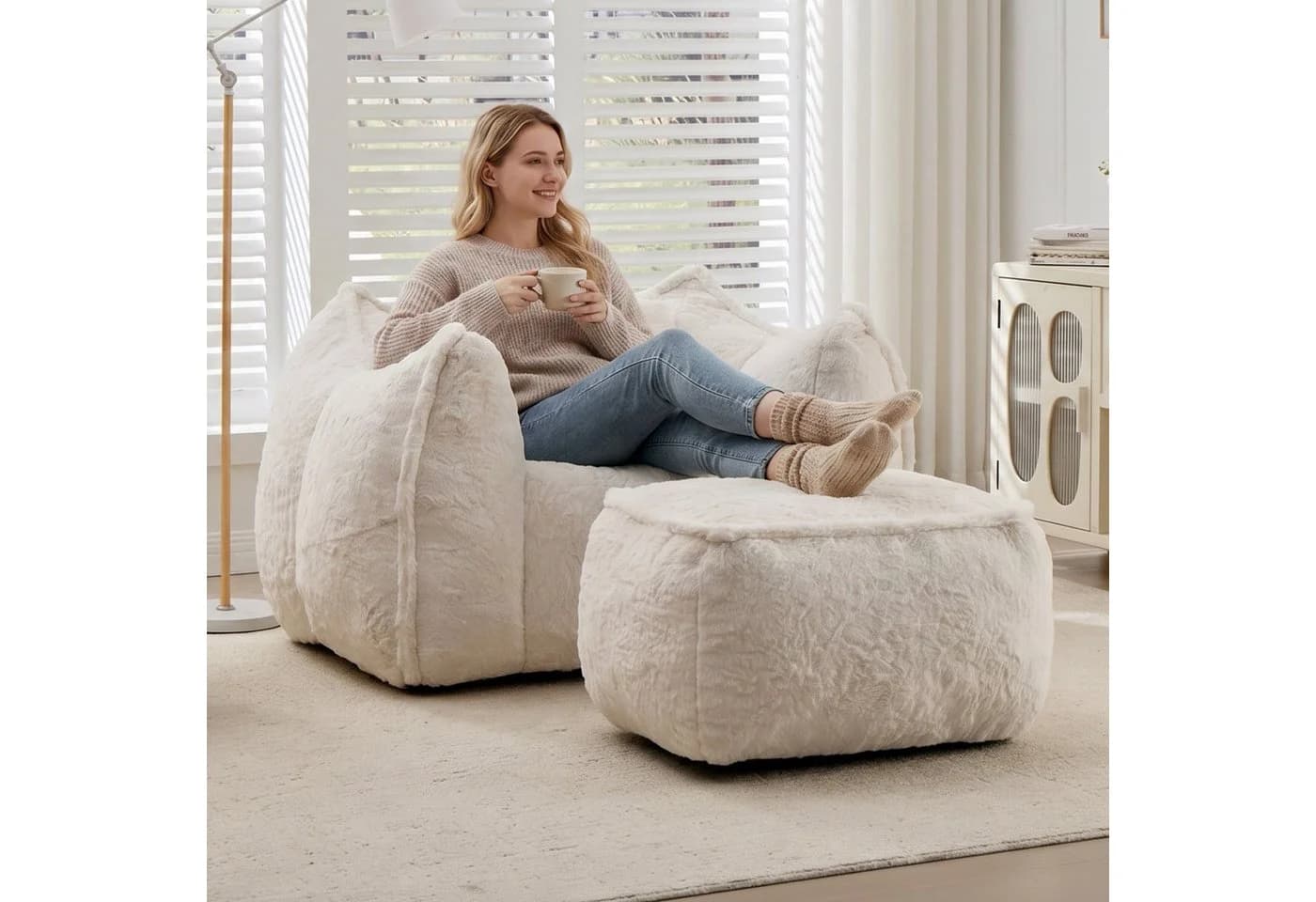 Leawin Loungesessel Bean Bag mit Hocker Kunstfell Beige - Bild 3
