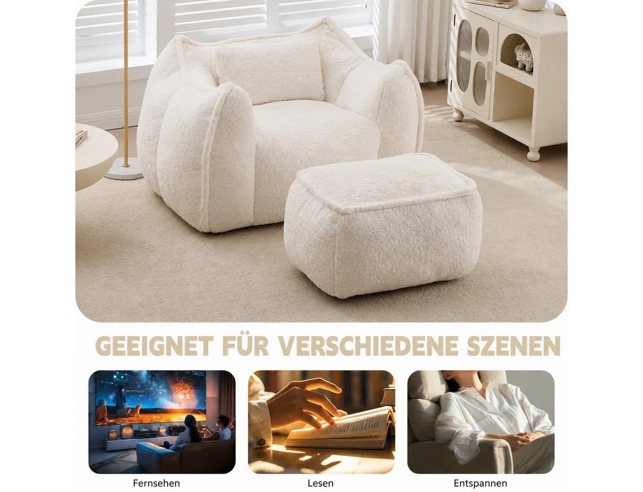 Leawin Loungesessel Bean Bag mit Hocker Kunstfell Beige - Bild 5