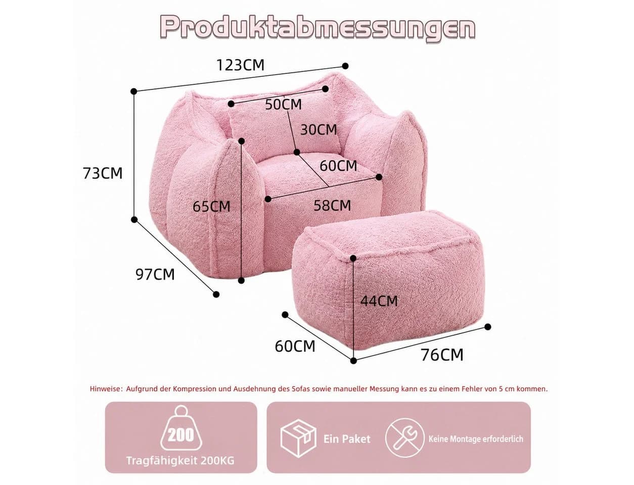 Vankel Relaxliege Loungesessel mit Hocker Rosa Kunstfell Bean Bag