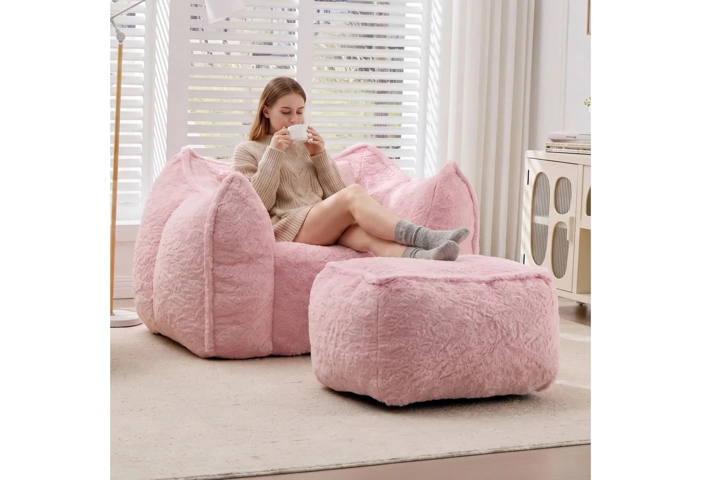 Vankel Relaxliege Loungesessel mit Hocker Rosa Kunstfell Bean Bag - Bild 3