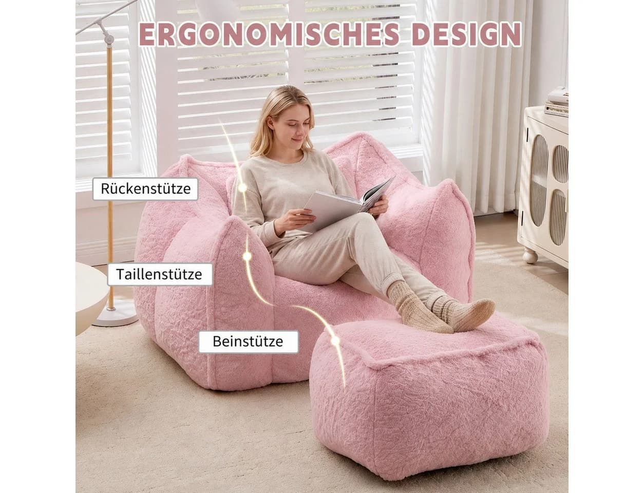 Vankel Relaxliege Loungesessel mit Hocker Rosa Kunstfell Bean Bag - Bild 4
