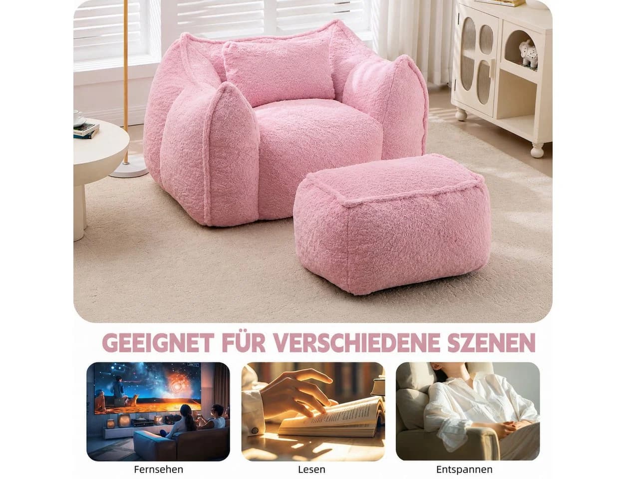 Vankel Relaxliege Loungesessel mit Hocker Rosa Kunstfell Bean Bag - Bild 5