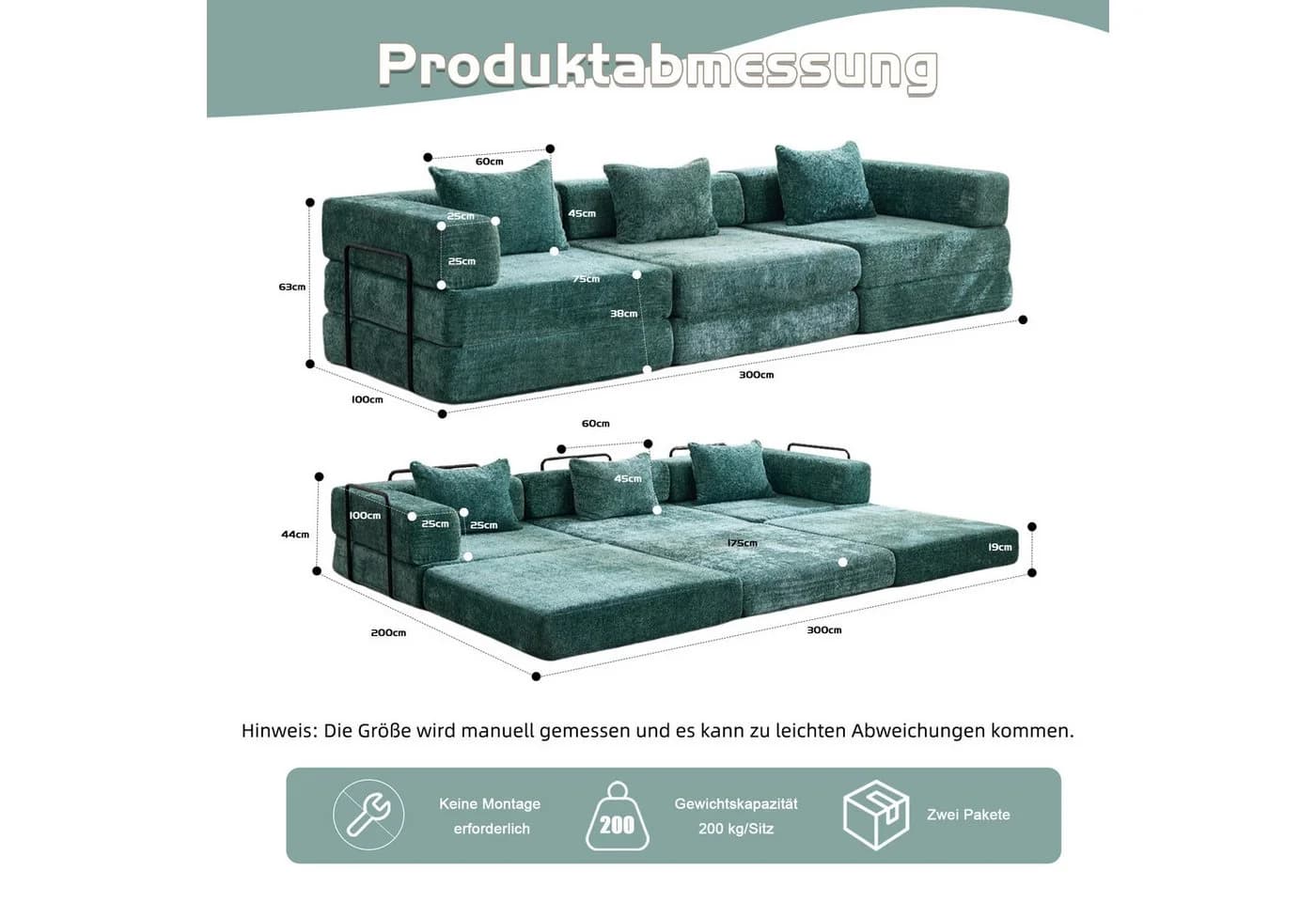 Vankel 3-Sitzer Sofa mit Schlaffunktion Chenille Grün Modular - Bild 3