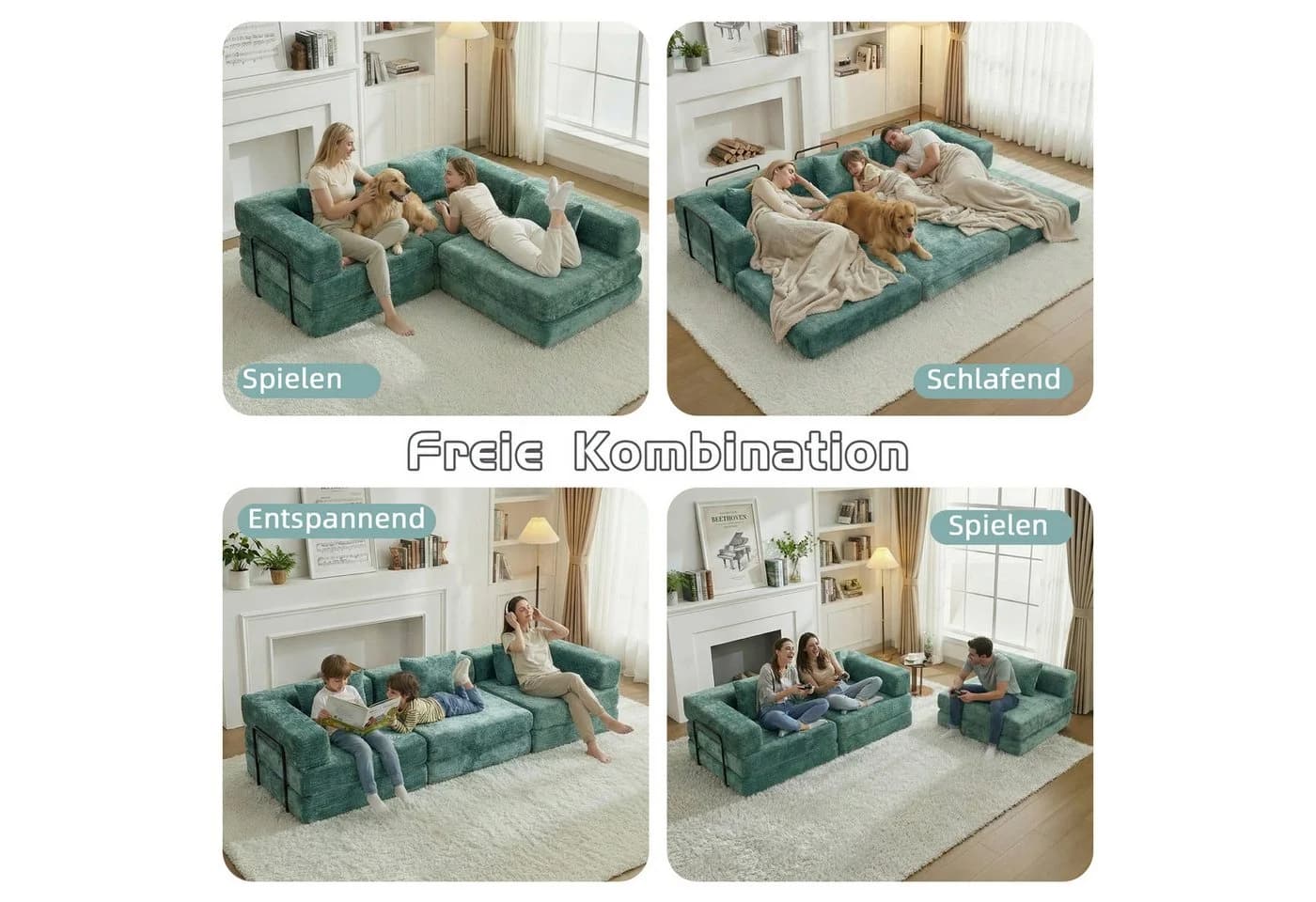Vankel 3-Sitzer Sofa mit Schlaffunktion Chenille Grün Modular - Bild 4