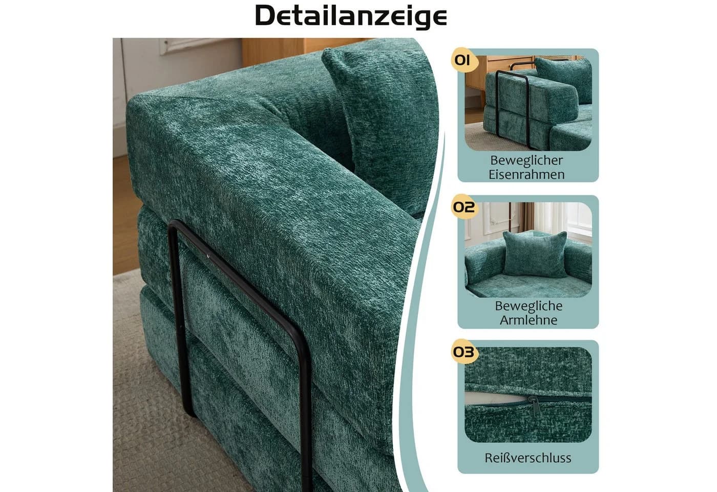 Vankel 3-Sitzer Sofa mit Schlaffunktion Chenille Grün Modular - Bild 5