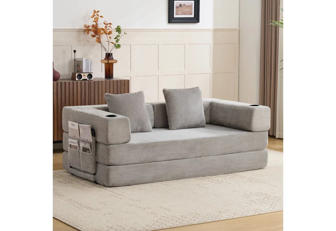 Vankel Loungebett Schlafsofa Cord Hellgrau mit Cupholder - Bild 2