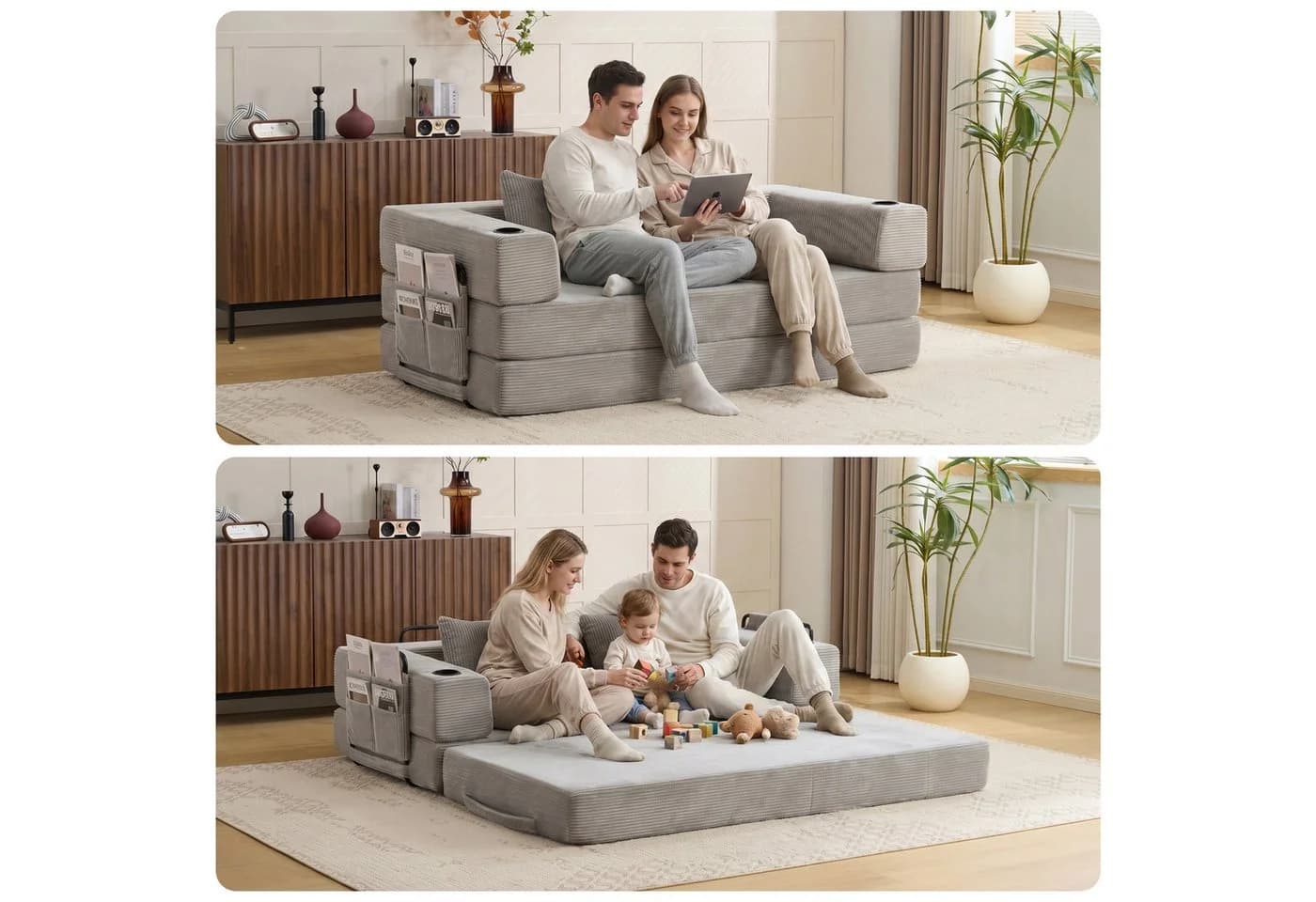 Vankel Loungebett Schlafsofa Cord Hellgrau mit Cupholder - Bild 3