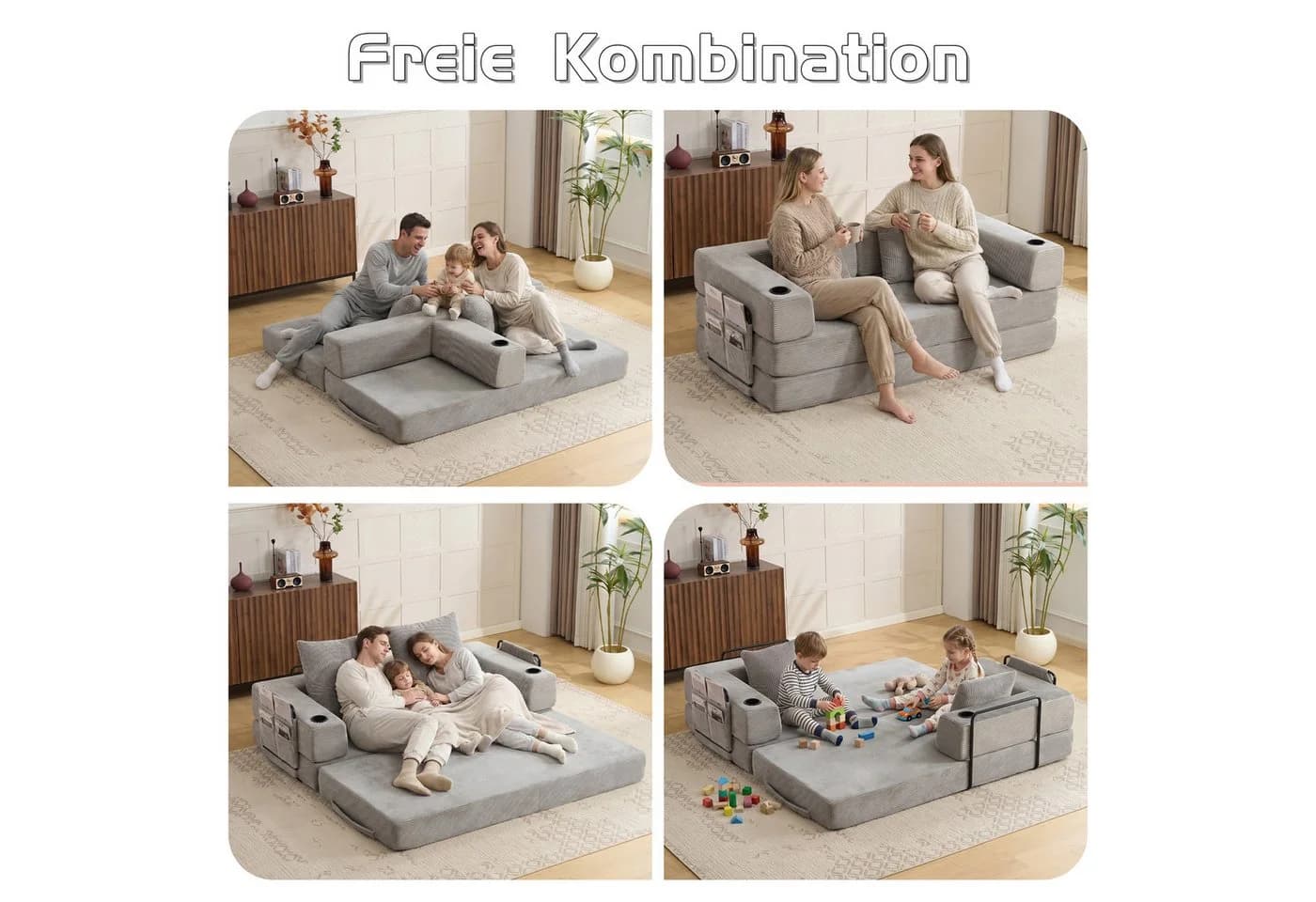 Vankel Loungebett Schlafsofa Cord Hellgrau mit Cupholder - Bild 4