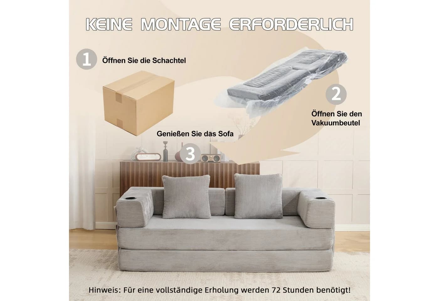 Vankel Loungebett Schlafsofa Cord Hellgrau mit Cupholder - Bild 5