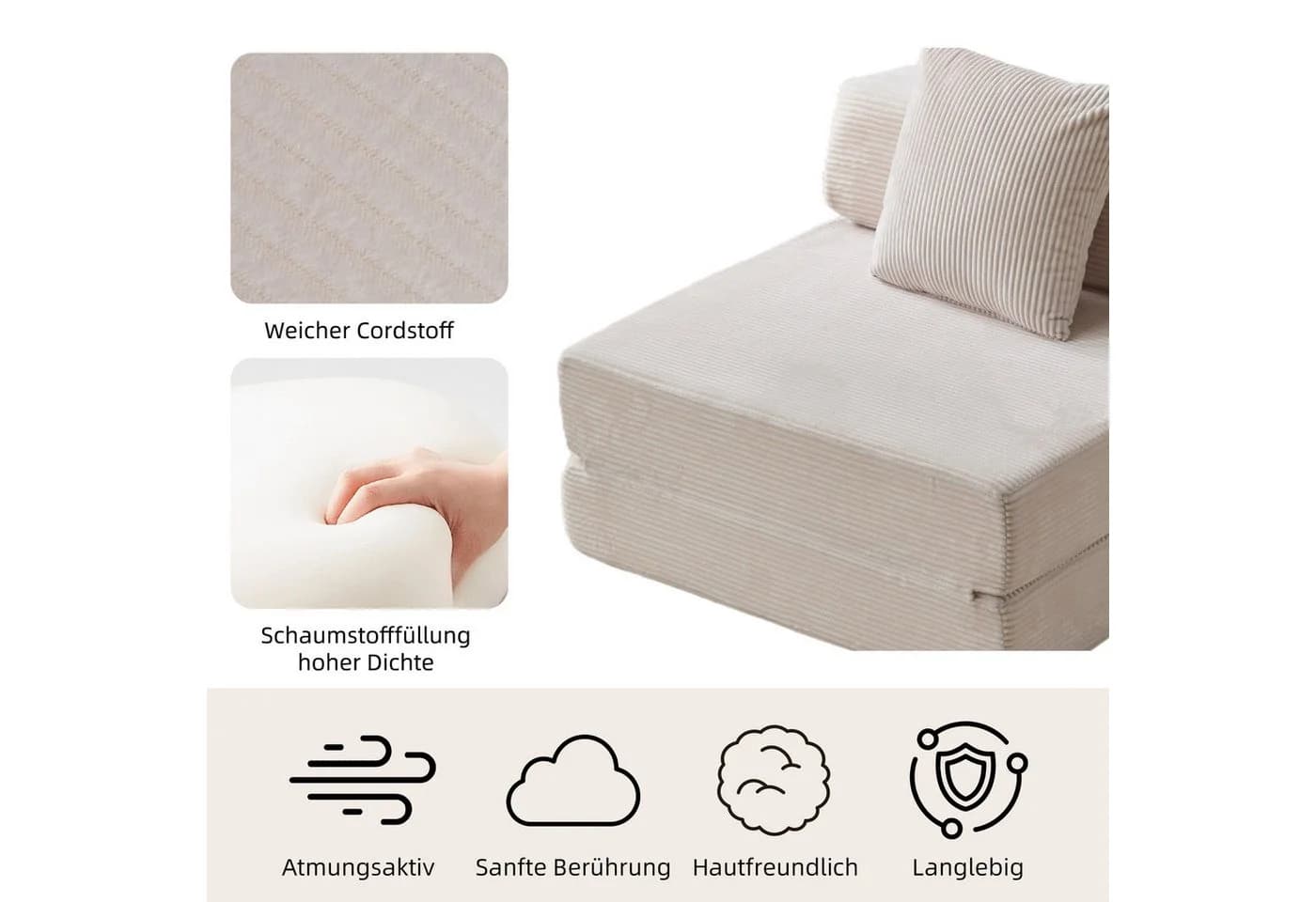 Vankel Loungebett Schlafsessel Cord Weiß Faltbar - Bild 5